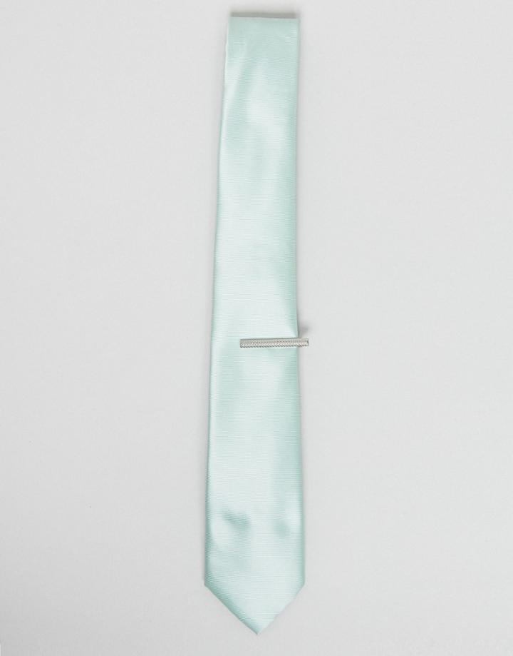 Asos Wedding Tie In Mint Green With Silver Tie Bar - Green
