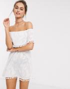 Influence Burnout Bardot Beach Dress With Pom Poms In White