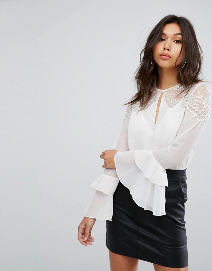 Lipsy Blouse With Ruffle Sleeve And Lace Shoulders - White