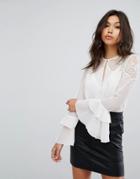 Lipsy Blouse With Ruffle Sleeve And Lace Shoulders - White