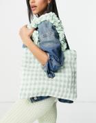 Asos Design Shopper Bag With Ruched Handle In Green Gingham Print