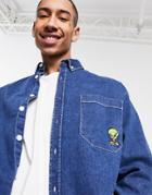 Asos Design Looney Tunes 90s Oversized Denim Shirt With Tweetie Bird Embroidery-navy