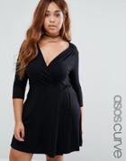 Asos Curve Mini Tea Skater Dress With Wrap Front And 3/4 Sleeve - Blac