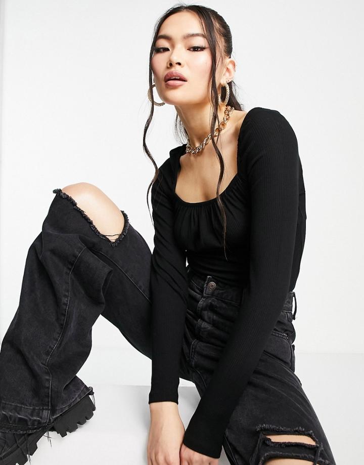 Na-kd X Pamela Ruched Front Long Sleeve Top In Black