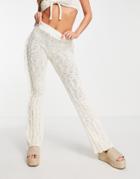 Asos Design Knitted Pants With Fringe Side Detail In Cream - Part Of A Set-white