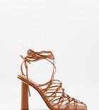 Asos Design Wide Fit Pearl Caged Tie Leg High Shoes In Tan-brown