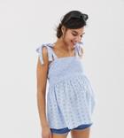 Asos Design Maternity Cami Broderie Sun Top With Shirring And Tie Shoulder Detail - Blue