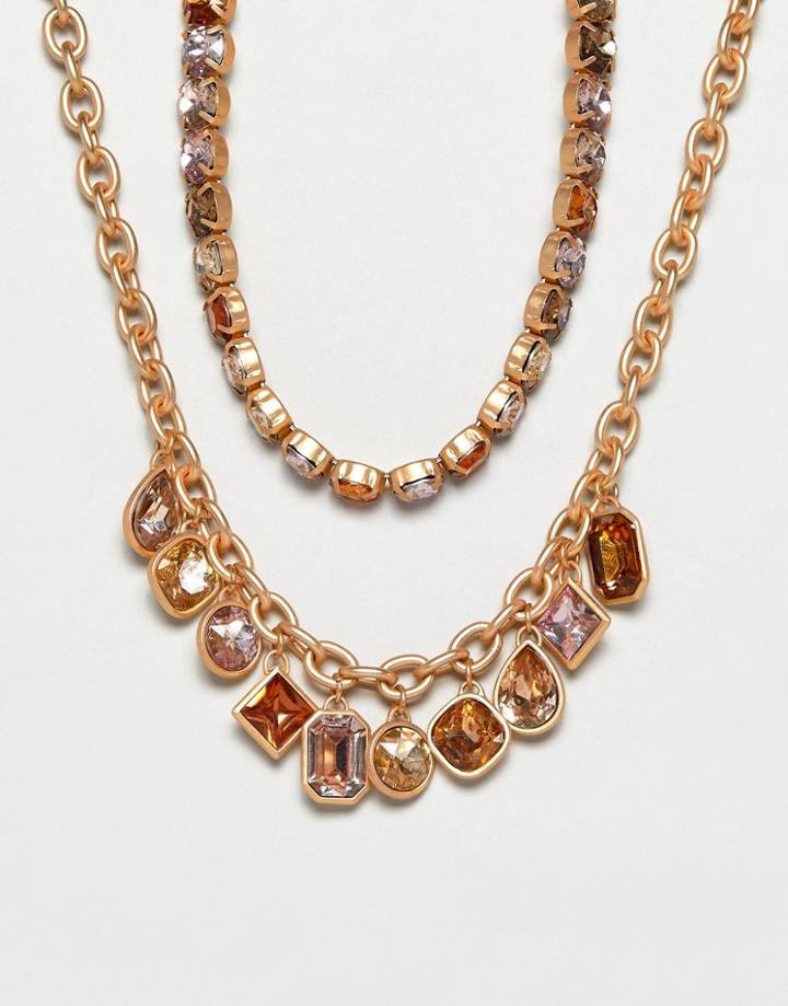 Stradivarius Rhinestone And Chain Necklaces - Gold