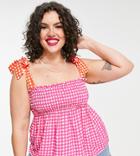 Twisted Wunder Plus Smock Top With Tie Straps In Contrast Check-multi