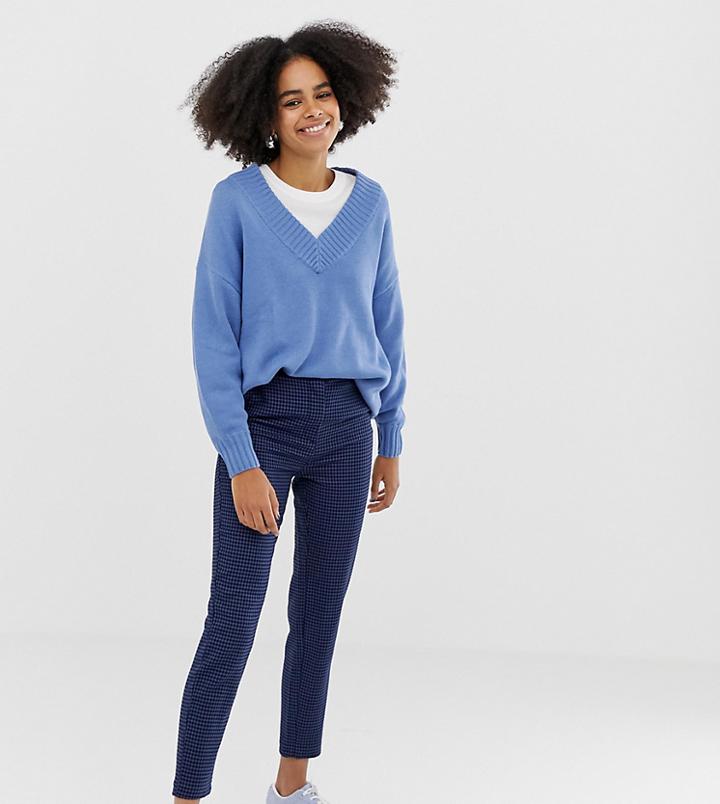 Monki Tailored Peg Leg Pants With Houndstooth Print In Blue - Blue