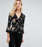 John Zack Tall Long Sleeve Ruched Top In Allover Floral Print - Black