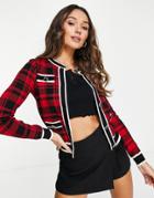 River Island Tartan Print Slim Fit Cardigan In Dark Red