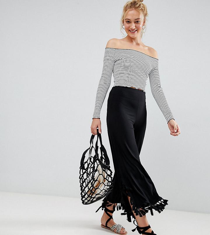 Asos Design Tall Cropped Wide Leg Pants With Large Tassel Hem - Black