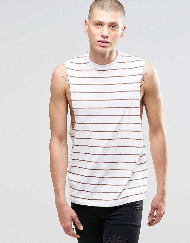 Asos Stripe Sleeveless T-shirt With Dropped Armhole - White