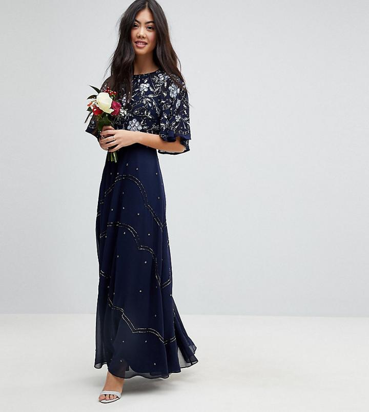 Asos Petite Wedding Embellished Floral Flutter Sleeve Maxi Dress - Navy
