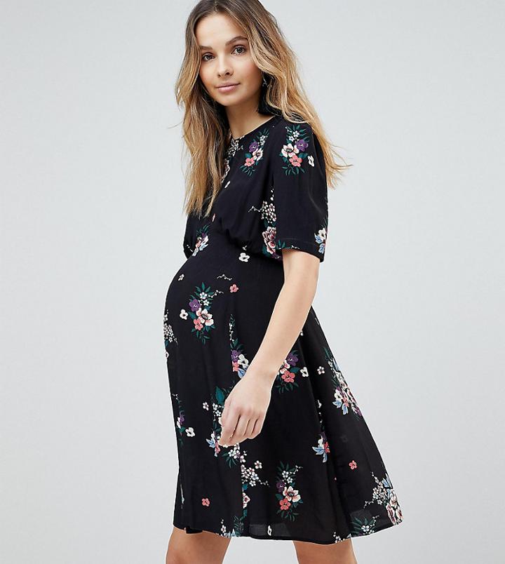 Asos Maternity Tea Dress In Dark Floral Print - Multi