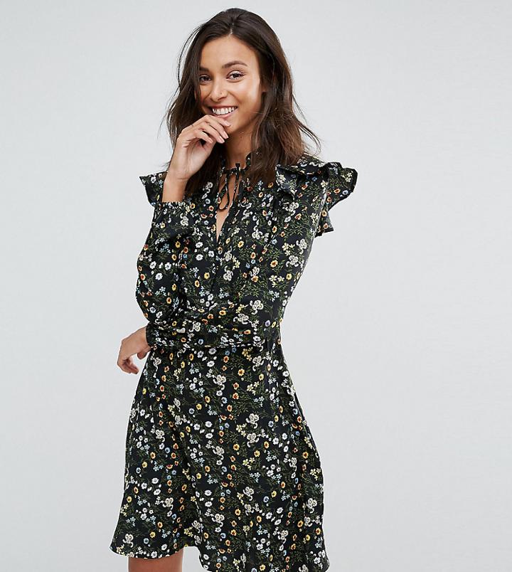 Influence Tall Tie Neck Dress With Ruffle Detail - Black