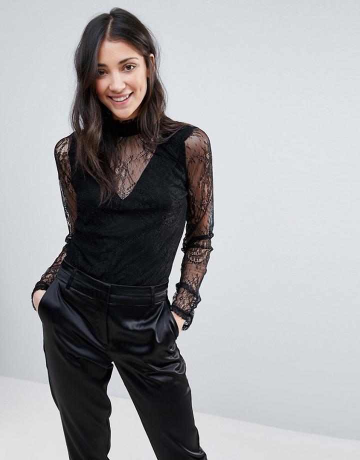 Vila Lace Detail High Neck Top - Black