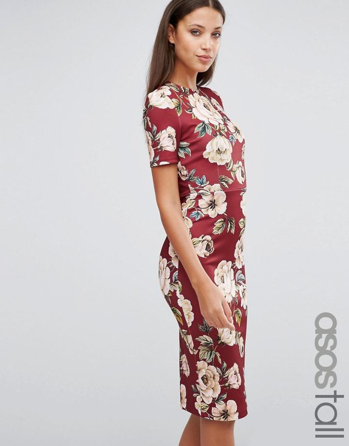 Asos Tall Oxblood Floral T-shirt Scuba Bodycon Dress - Red