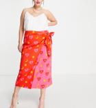 Never Fully Dressed Plus Contrast Wrap Midi Skirt In Pink And Red