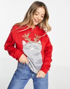 Monki Organic Cotton Christmas Cat Sweatshirt In Red