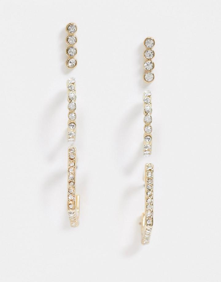 Pieces 3-pack Rhinestone Studs And Hoops In Gold