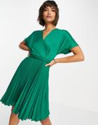 Closet London Pleated Wrap Dress In Emerald Green