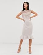 Chi Chi London Lace Midi Dress With Peplum Hem In Gray - Gray