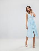 Asos Premium Lace Insert Pleated Midi Dress-blue