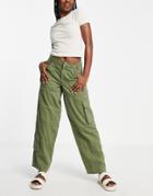 Topshop Relaxed Low Slung Cargo Pants In Khaki-green