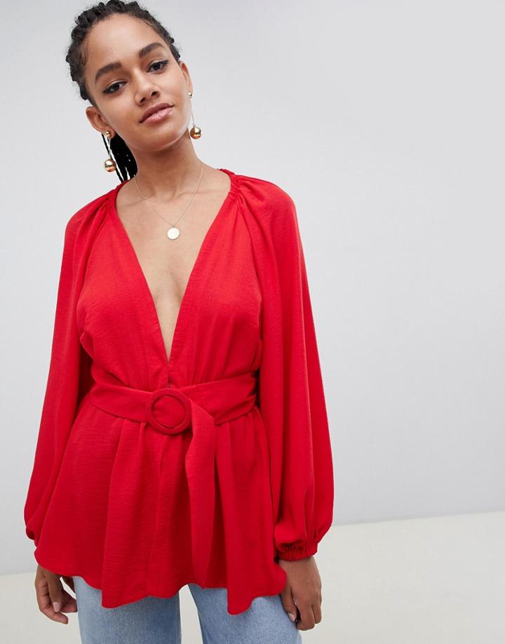 Asos Design Long Sleeve Plunge Top With Kimono Sleeve And Belt-red