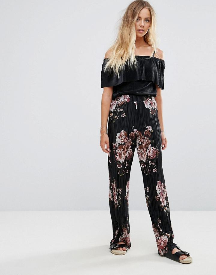 Vila Floral Pleated Wide Leg Pants - Black