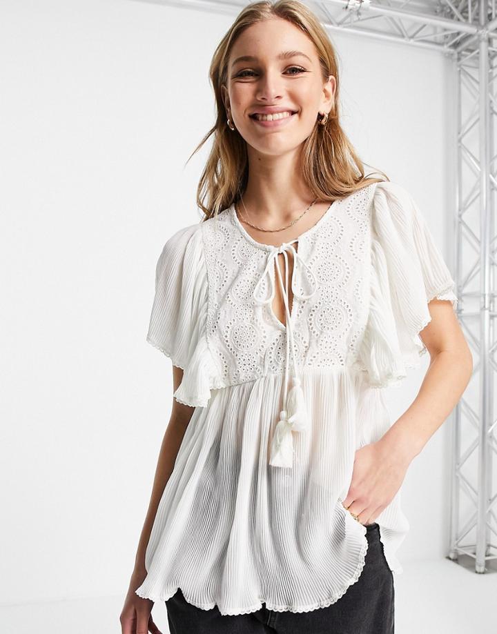 Asos Design Eyelet Top With Pleated Flutter Sleeve In Cream-white