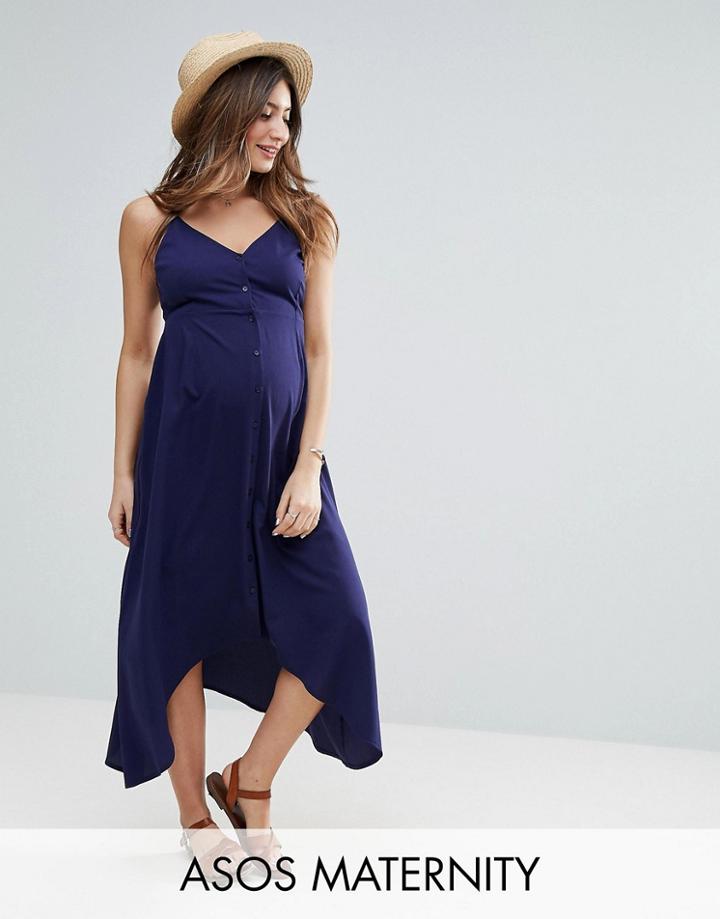 Asos Maternity Button Through Midi Sun Dress With Dipped Hem - Navy