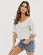 Asos Design T-shirt With Raw Seams And V-neck In Washed Stone-beige