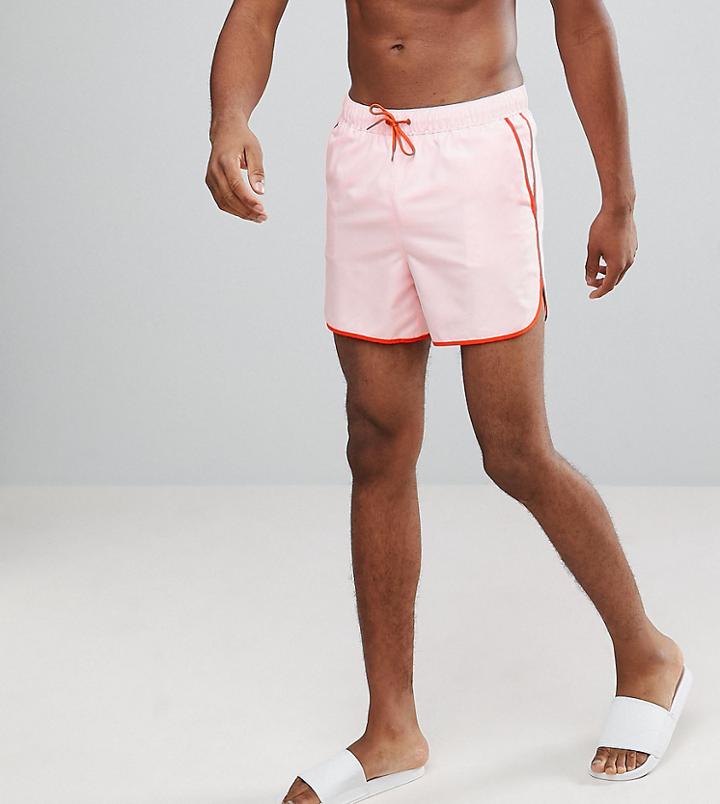 Asos Tall Runner Swim Shorts In Pink With Red Binding In Short Length - Pink