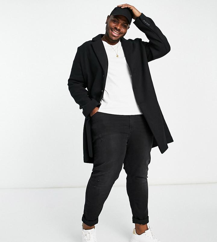 Asos Design Plus Unlined Wool Mix Overcoat In Black