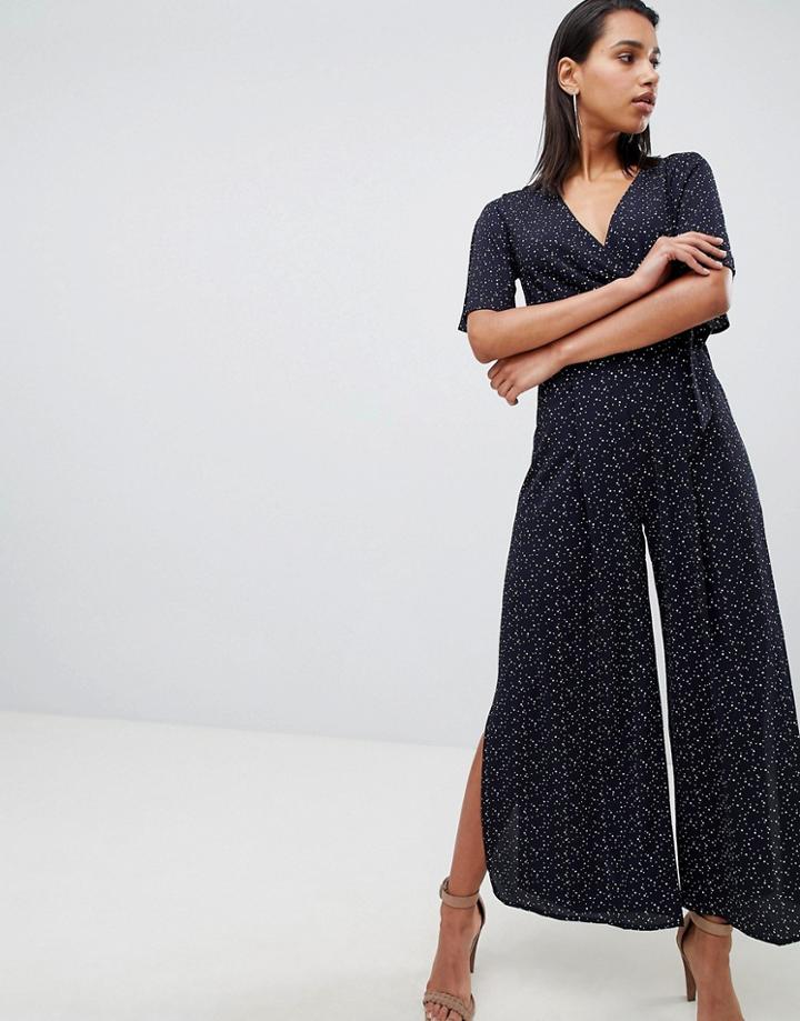 Parallel Lines Wrap Front Wide Leg Jumpsuit In Spot-black