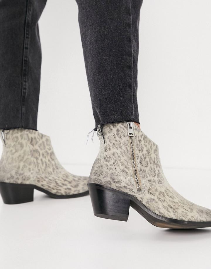 All Saints Carlotta Western Boots In Stone Leopard Suede-multi