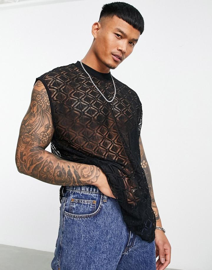 Asos Design Oversized Tank Top In Black Sheer Texture