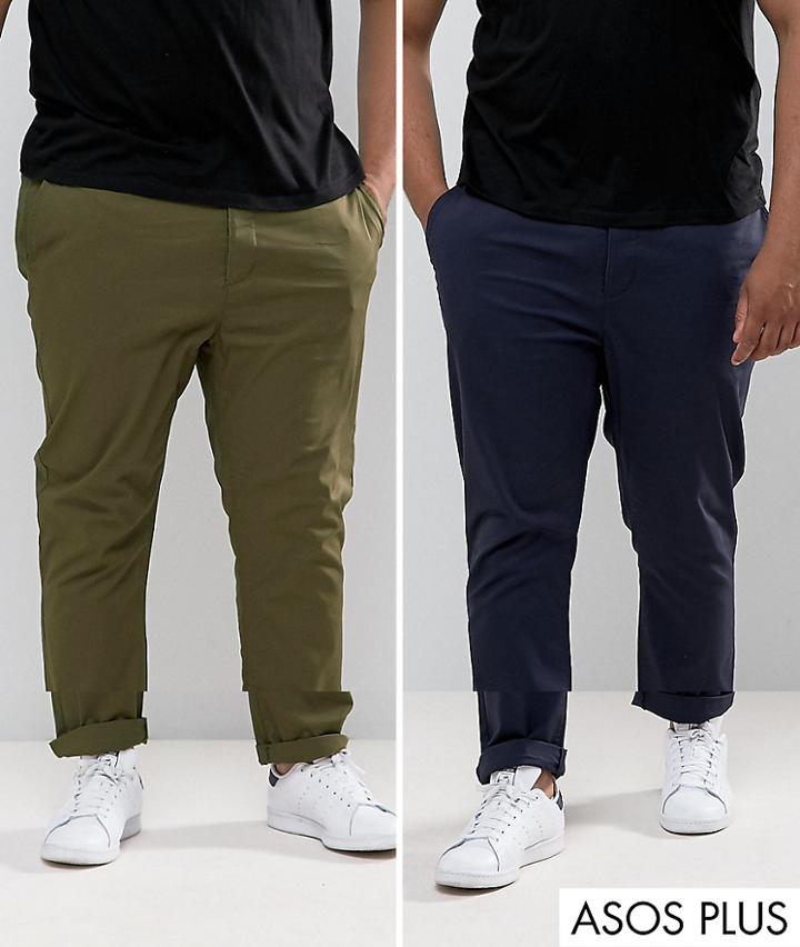 Asos Plus 2 Pack Slim Chinos In Khaki & Navy Save-multi