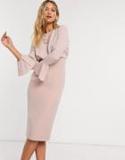 Asos Design Fluted Sleeve Midi Pencil Dress In Soft Pink