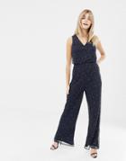 Lace & Beads Embellished Wide Leg Jumpsuit In Navy