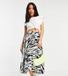Asos Design Petite Satin Pleated Midi Skirt In Mono Zebra Print-multi