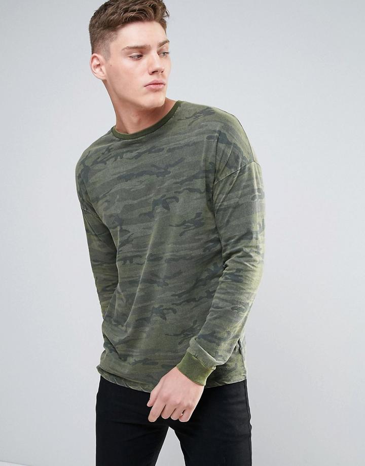 Asos Oversized Long Sleeve T-shirt With All Over Camo And Acid Wash - Green