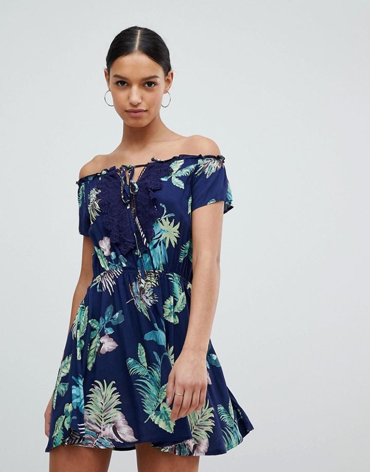 Ax Paris Navy Off The Shoulder Printed Dress - Cream