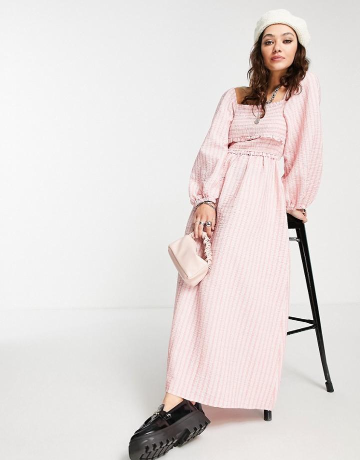 Topshop Stripe Textured Back Detail Midi Dress In Pink