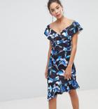 Silver Bloom Off Shoulder Midi Dress With Frill - Multi