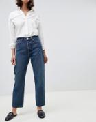 Asos Design Recycled Florence Authentic Straight Leg Jeans In Dark Stonewash Blue With Contrast Red Stitch - Blue