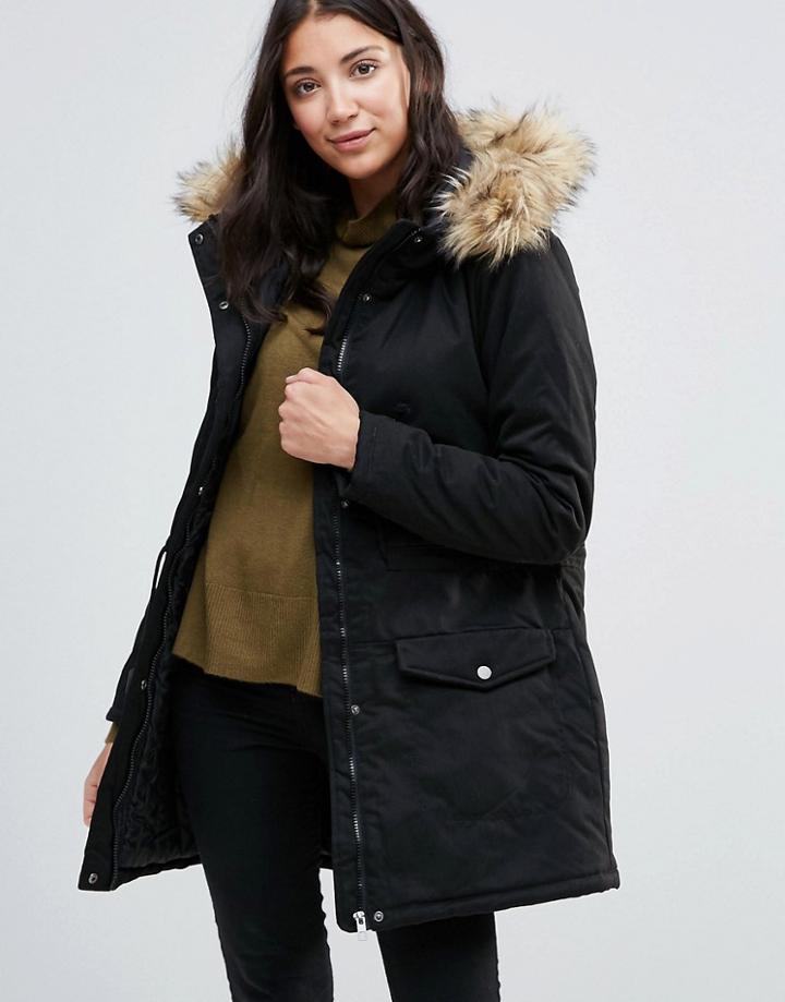 Jdy Mandy Faux Fur Trim Parka - Black